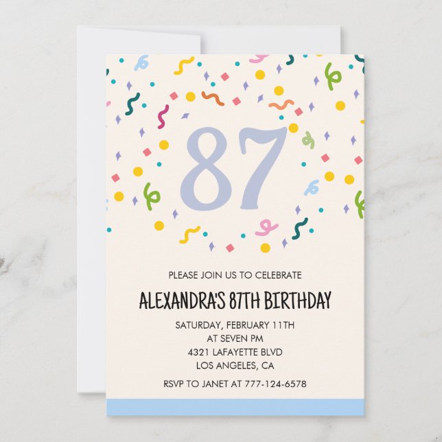 Convites de aniversário de 87 anos simples Confett (Frente)
