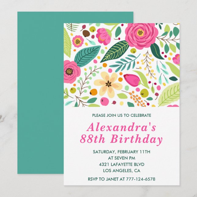 Convites de aniversário de 88 anos Floral Elegante (Frente/Verso)