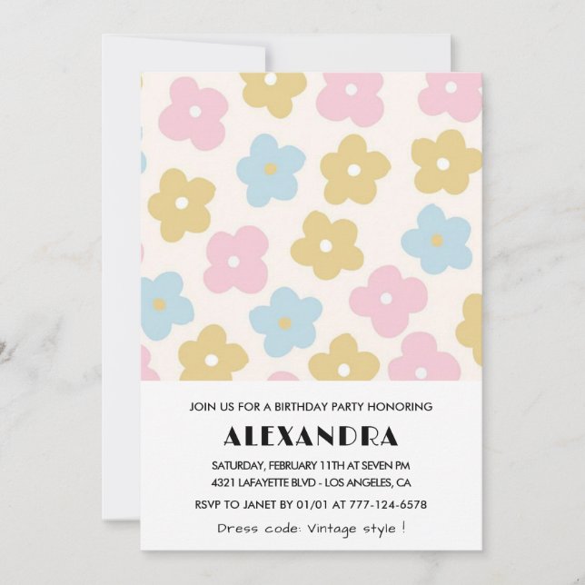 convites de aniversário de 88 anos Flores Retro (Frente)