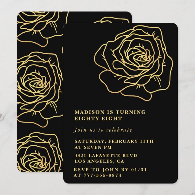 Convites de aniversário de 88 anos Preto Floral Do (Frente/Verso)