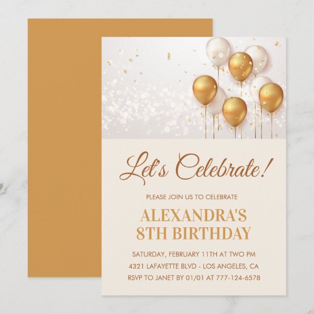 convites de aniversário de 8 anos Balões Dourado (Frente/Verso)