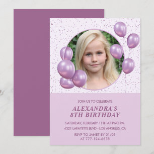 convites de aniversário de 8 anos Balões Foto Roxo