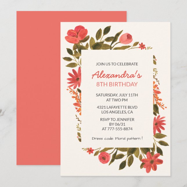 convites de aniversário de 8 anos Floral Boho Eleg (Frente/Verso)