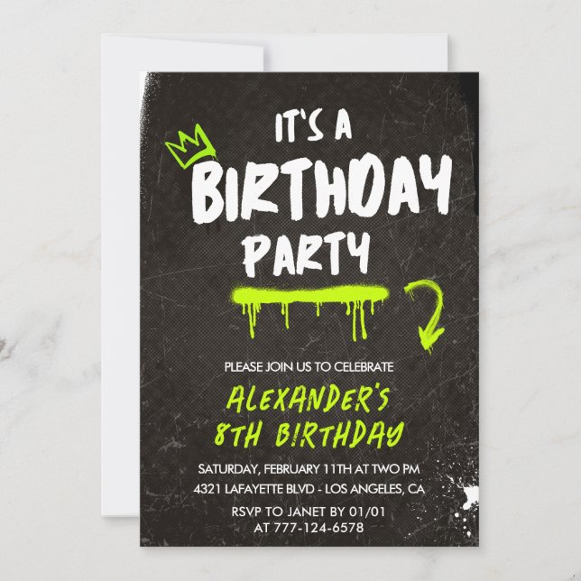 Convites de aniversário de 8 anos preto menino Gra (Frente)
