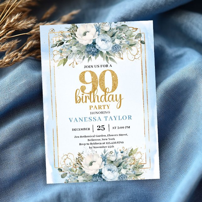 Convites de Aniversário de 90 anos Blue Greenery G (Blue Greenery Gold Glitter 90th Birthday Invitation)