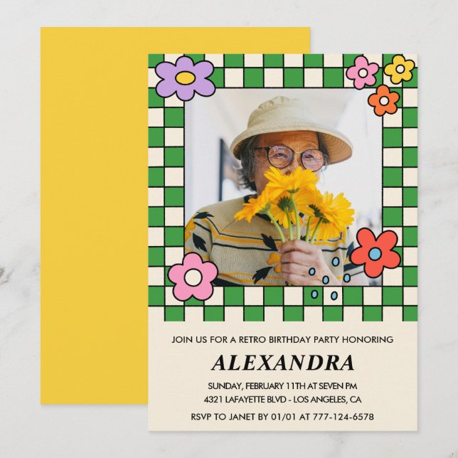 convites de aniversário de 90 anos Flores Retro Gr (Frente/Verso)