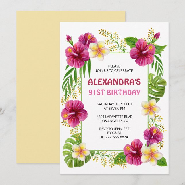 convites de aniversário de 91 anos Floral Tropical (Frente/Verso)