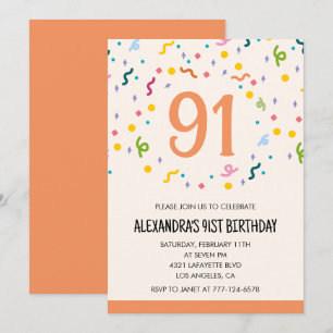 Convites de aniversário de 91 anos simples Confete