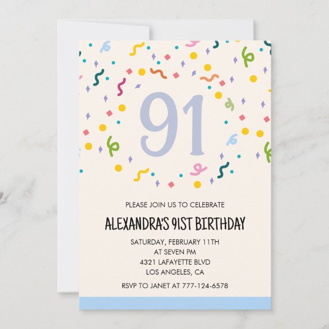 Convites de aniversário de 91 anos simples Confett (Frente)