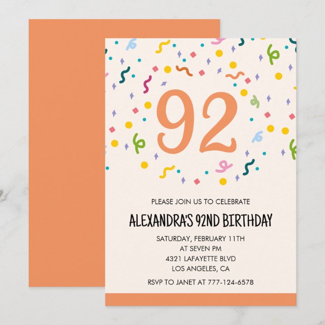 Convites de aniversário de 92 anos simples Confete (Frente/Verso)