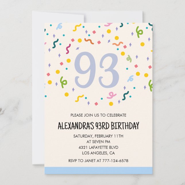 Convites de aniversário de 93 anos Simples Confete (Frente)