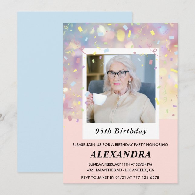 Convites de aniversário de 95 anos rosa Confete Fo (Frente/Verso)