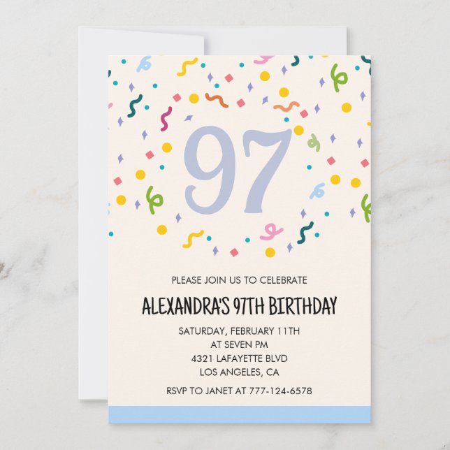 Convites de aniversário de 97 anos simples Confete (Frente)