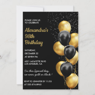 Convites de aniversário de 98 anos preto Dourado B