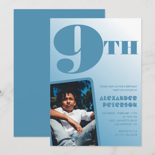Convites de aniversário de 9 anos com gradiente az (Frente/Verso)