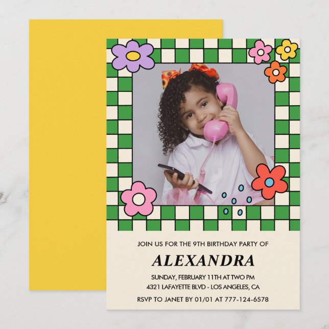 Convites de aniversário de 9 anos menina Flores Gr (Frente/Verso)