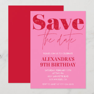 Convites de aniversário de 9 anos Rosa Save the da