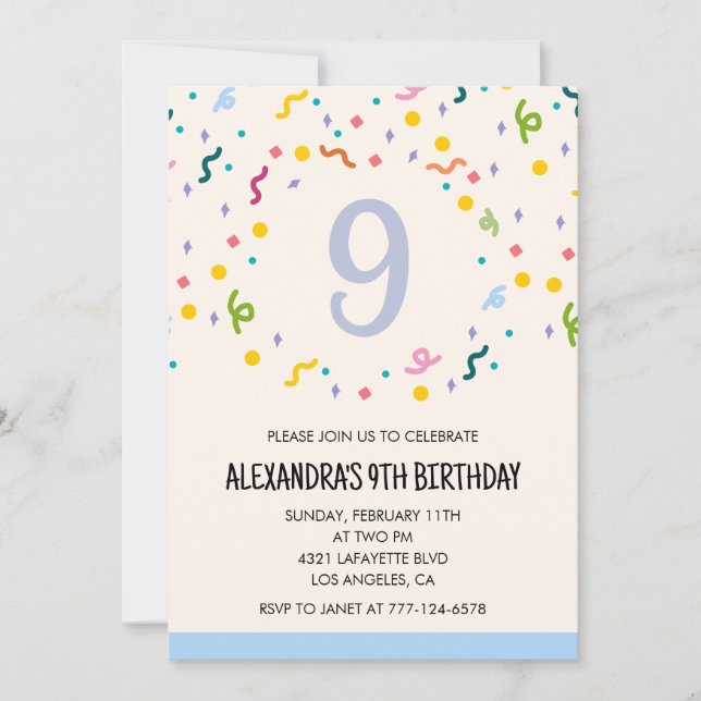 Convites de aniversário de 9 anos simples Confetti (Frente)