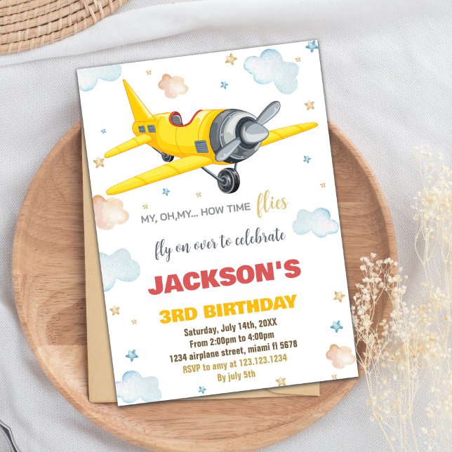 Convites de aniversário de avião amarelo (Yellow Airplane Birthday Invitations)