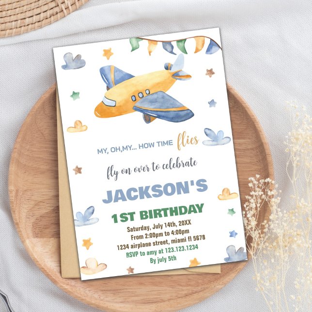 Convites de Aniversário de Avião de Cinza Amarela (Yellow Gray Airplane Birthday Invitations)
