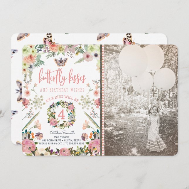 Convites de aniversário de borboleta para menina (Frente/Verso)