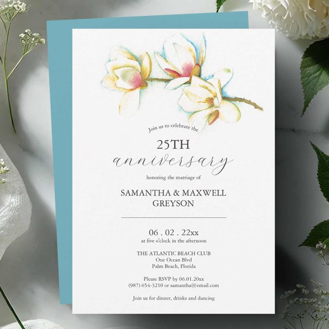 Convites de Aniversário de Casamento de 25 Floral (Wedding anniversary invitations watercolor white magnolia flower art by Victoria Grigaliunas)