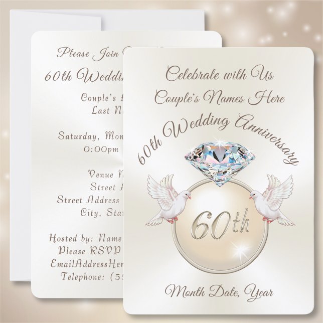 Convites de aniversário de casamento do Diamond 60 (60th wedding anniversary invitation cards. Diamond anniversary. 60th anniversary party supplies. )