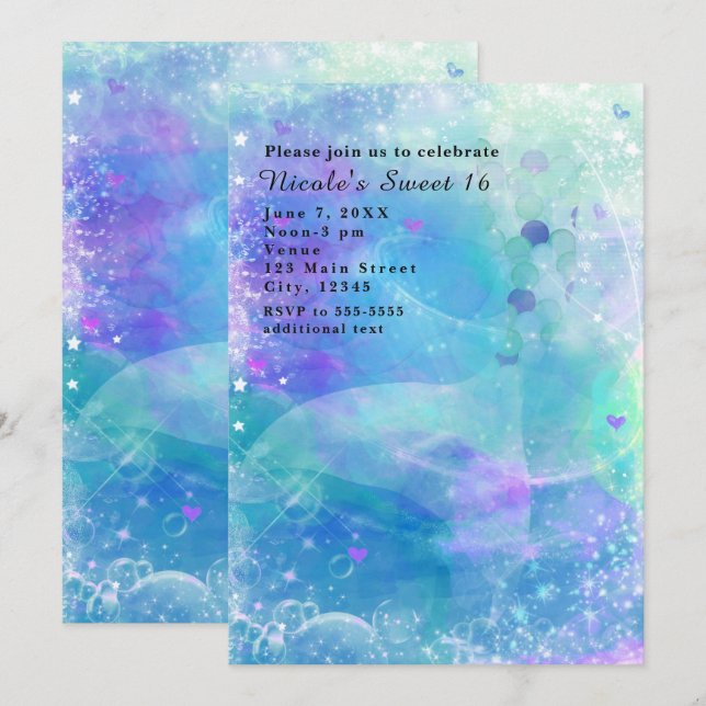Convites de Aniversário de Cauda de Sereia em Aqua (Frente/Verso)