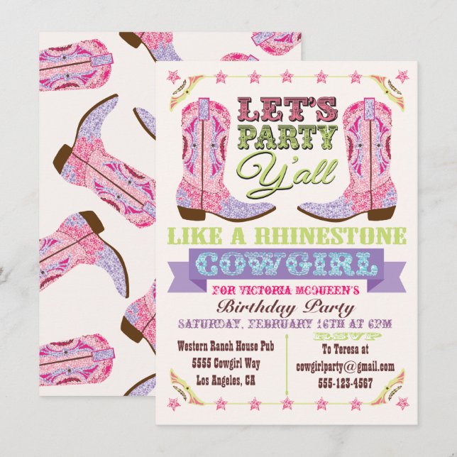 Convites de Aniversário de Cowgirl com Lantejoulas (Frente/Verso)