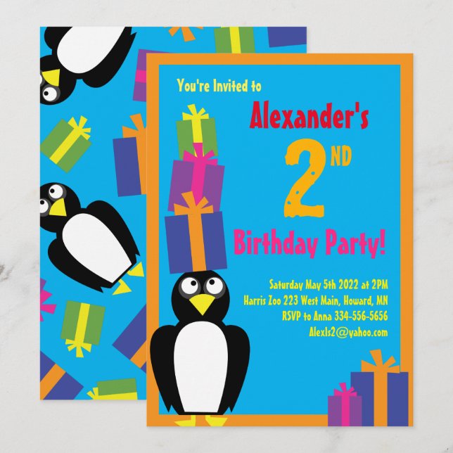 Convites de aniversário de Crianças de Pinguim (Frente/Verso)