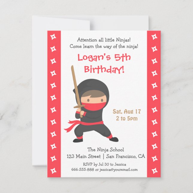 Convites de Aniversário de Crianças Ninja com Kata (Frente)