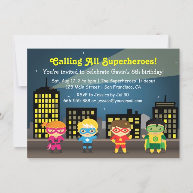 Convites de Aniversário de Crianças Super-Heróis F (Frente)