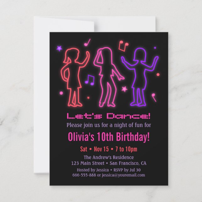 Convites de Aniversário de Dança com Brilho de Neo (Frente)