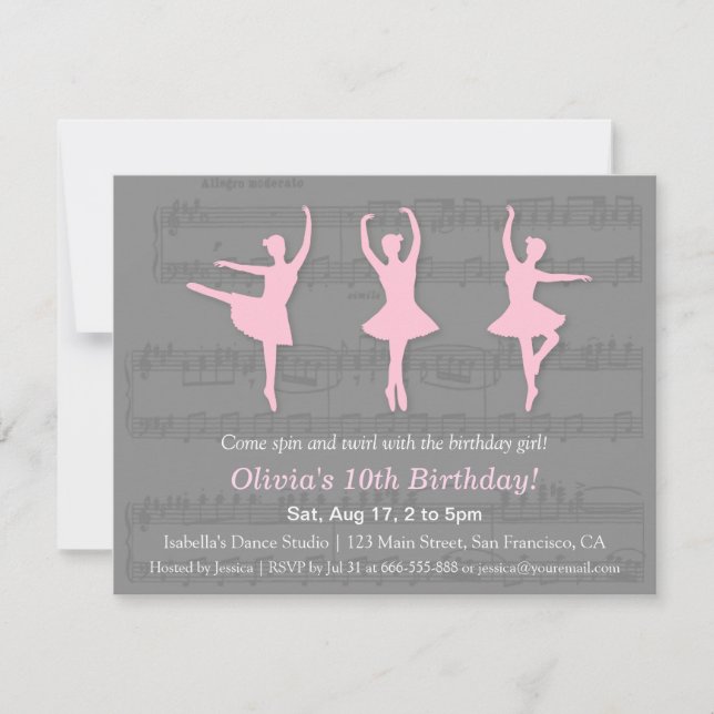 Convites de Aniversário de Dança de Bailarina Eleg (Frente)