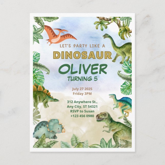 Convites de Aniversário de Dinossauro Dino T-rex C (Frente)
