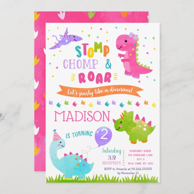 Convites de aniversário de dinossauro para menina (Frente/Verso)