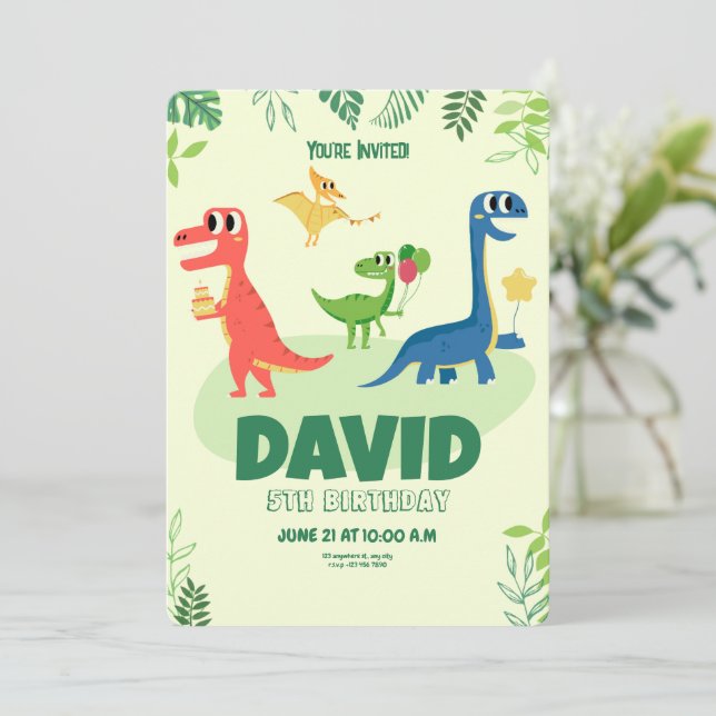 Convites de Aniversário de Dinossauro, T rex Dinos (Em pé/Frente)
