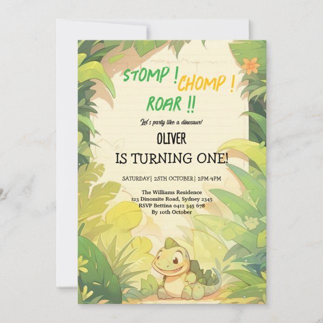 convites de aniversário de dinossauros verdes para (Frente)
