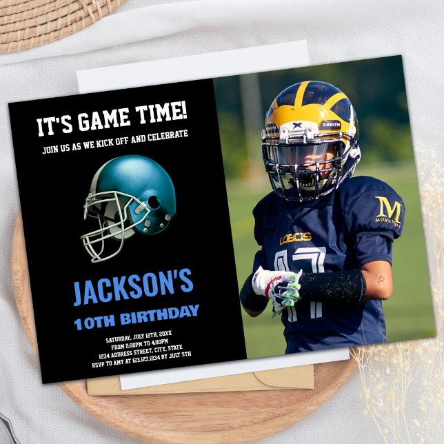Convites de Aniversário de Futebol de Azul Negro (Black Blue Photo Football Birthday Invitations)