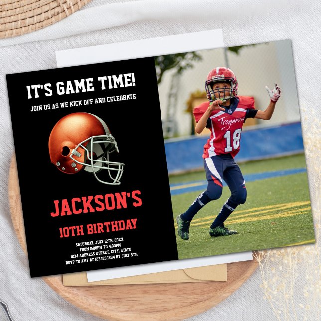 Convites de Aniversário de Futebol Red Negro (Black Red Photo Football Birthday Invitations)