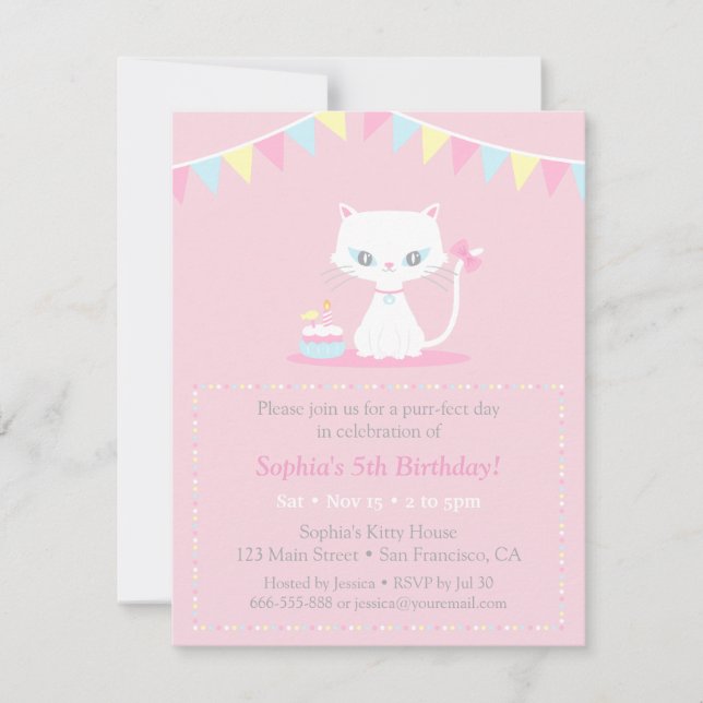 Convites de Aniversário de Gatinho Branco Fofinho (Frente)