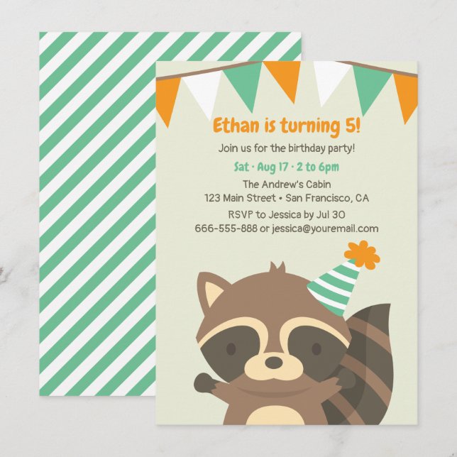 Convites de Aniversário de Guaxinim da Floresta Fo (Frente/Verso)