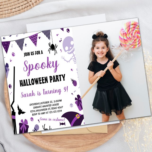 Convites de aniversário de Halloween roxos com fot (Purple Halloween Birthday Invitations with photo)