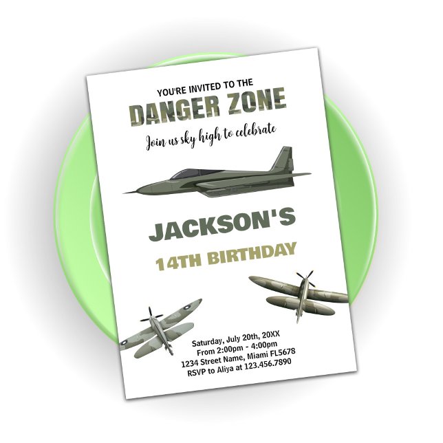 Convites de aniversário de jato de jato da zona de (Danger Zone Fighter Jet Birthday Invitations)