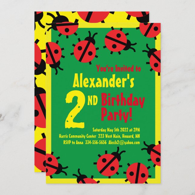 Convites de aniversário de Lady Bug Animal Kid (Frente/Verso)