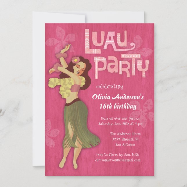 Convites de aniversário de Luau Rosa (Frente)