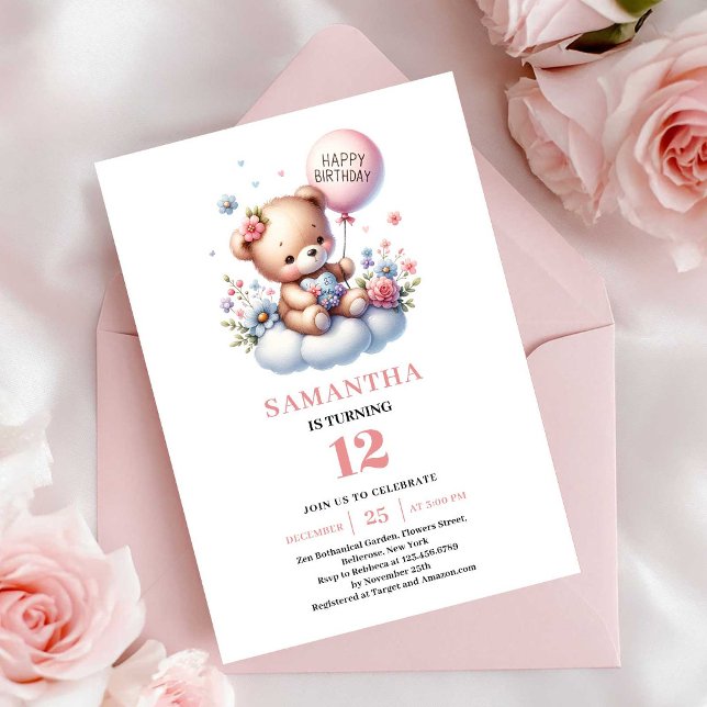 Convites de aniversário de menina com balão de urs (Charming teddy bear balloon girl birthday invitation

)