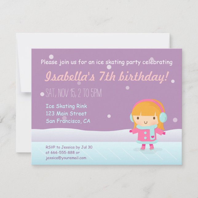 Convites de Aniversário de Menina Patinando no Gel (Frente)