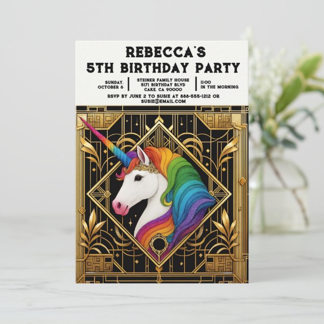 Convites de Aniversário de Menina Unicórnio Arco-Í (Em pé/Frente)