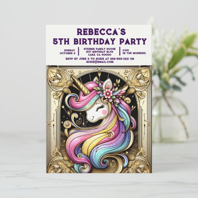 Convites de Aniversário de Menina Unicórnio Arco-Í (Em pé/Frente)